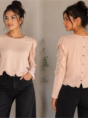 Iris Basic Blush Pink Ruffle & Lace-Trim Button-Back Blouse